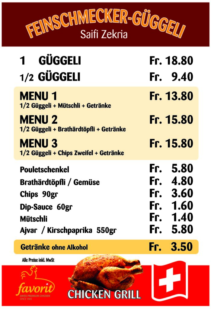 Menukarte Feinschmecker Güggeli, gegrillt wird an 5 Standorten in der Schweiz